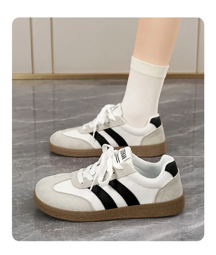 Damen Retro-Streifen-Sneaker mit Gummisohle, Schnürung, flache Schuhe, modische, vielseitige Freizeitschuhe zum Gehen für den täglichen Gebrauch – Detail 9
