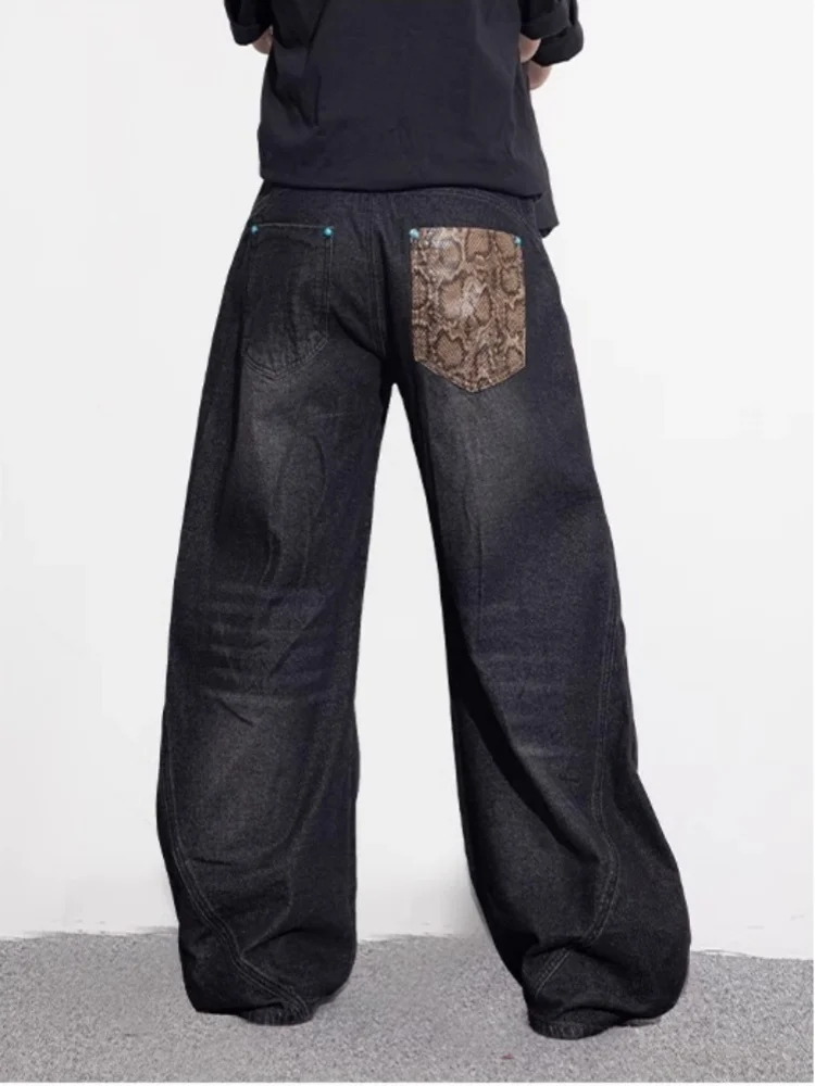 2026 Cyber Y2K Streetwear Snake Pattern Patchwork Black Baggy Jeans Pants For Men Clothes Straight Fashion Cotton Long Trousers