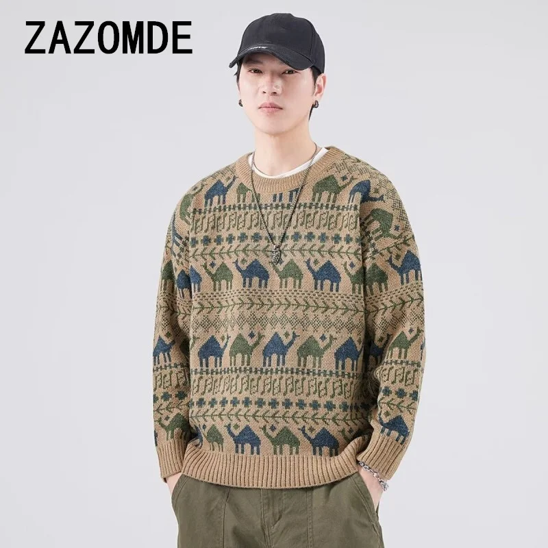 ZAZOMDE Jacquard Soft Sweaters Vintage American Style Knitted Top Casual Christmas Sweater For Men Trendy Pullovers Crew Neck