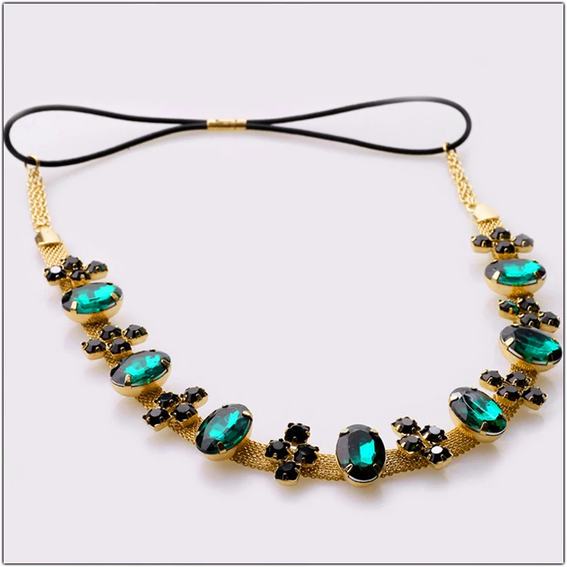 الأخضر حجر الراين رئيس سلاسل عقال مطاطا قابل للتعديل هيرباند الزفاف الزفاف الشعر التبعي كريستال خوذة الشعر الحلي #2