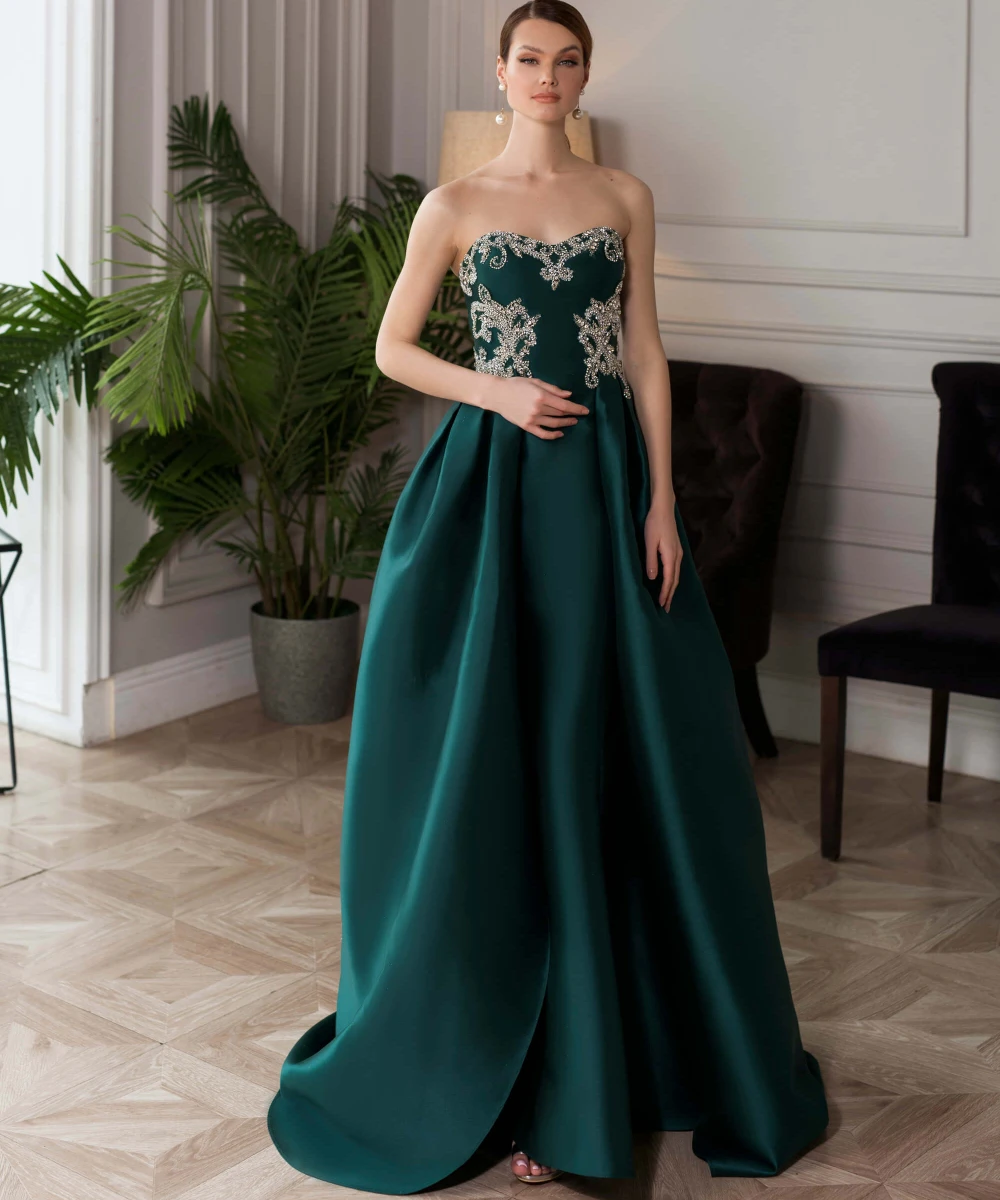 

Charming Emerald Evening Dresses Sweetheart Appliqued Beads Women Prom Gowns Sleeveless Floor Length Homecoming Party Dresses