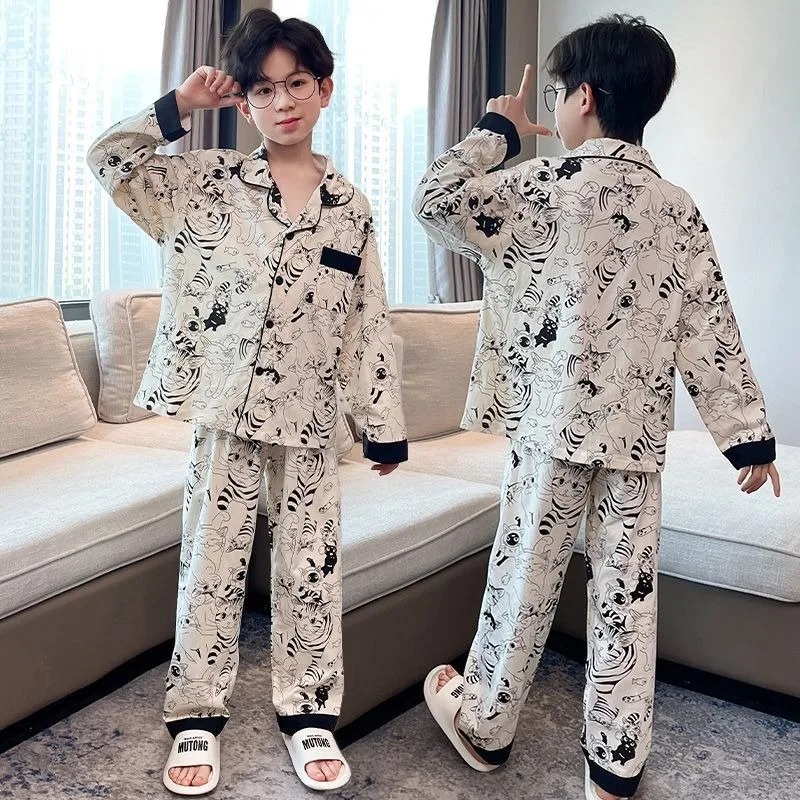 2025 New Kids Collared Pajamas Sets Long Sleeve Air Conditioning Wear Spring Autumn Unisex Kids Sleepwear Homewear