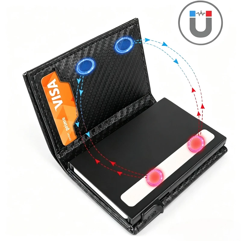 Trifold Wallet for Men with Cash Pocket ID Window 6-8 Cards,Metal Case Pop Up RFID Credit Card Holder Flip with Magnetic Closure