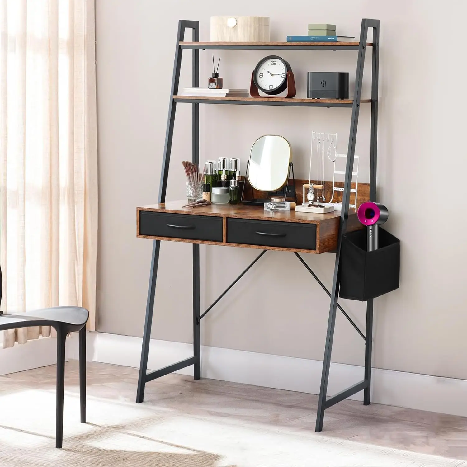 Ladder Desk With Power Outlets, 2 Drawers & Side Bag, Small Home Office Computer Gaming Vanity Table, Dark Brown, Customized