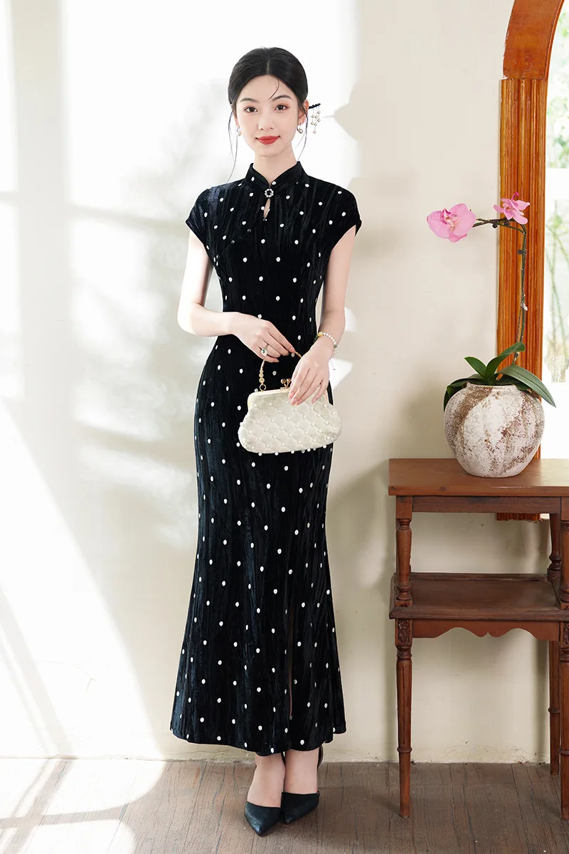 

Осень-зима велюровый воротник-стойка Qipao ретро классическое китайское женское платье длинное Cheongsam элегантное сексуальное тонкое платье с разрезом Vestidos