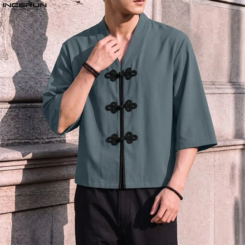 Men's Shirt Patchwork V Neck 3/4 Sleeve Casual Vintage Button Streetwear Men Clothes Loose Leisure Tops For Man Shirts INCERUN