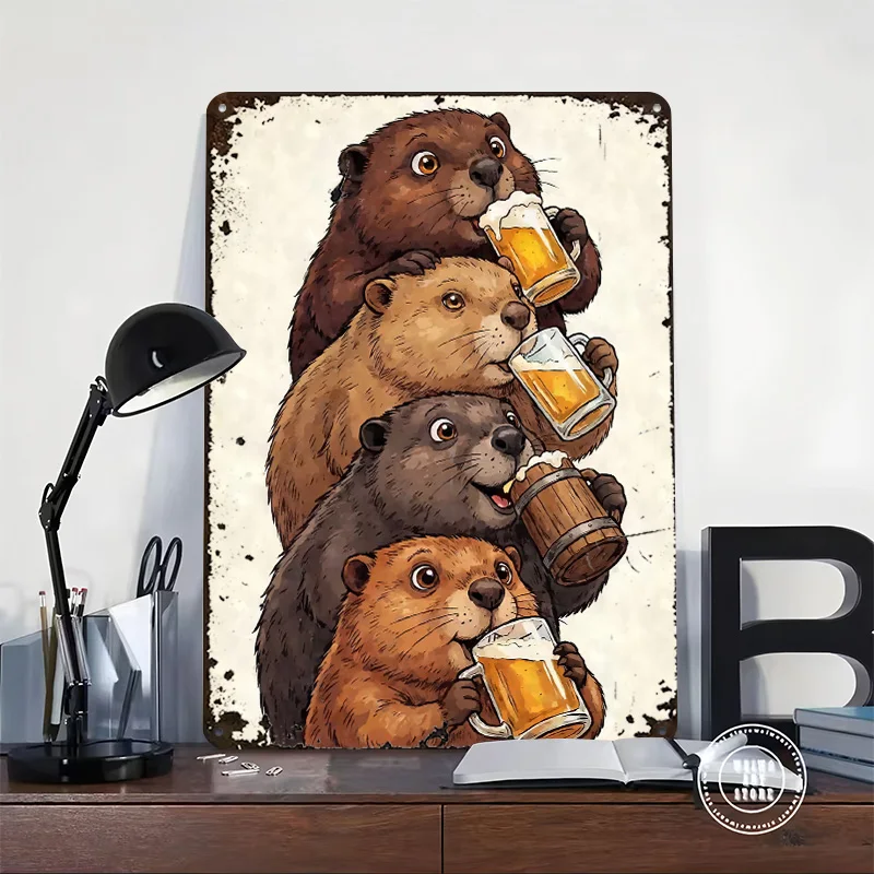 Stacked Beavers Drinking Beer Printed Poster Customized Retro Wall Art Vintage Metal Tin Signs for Room Accessories Home Decor
