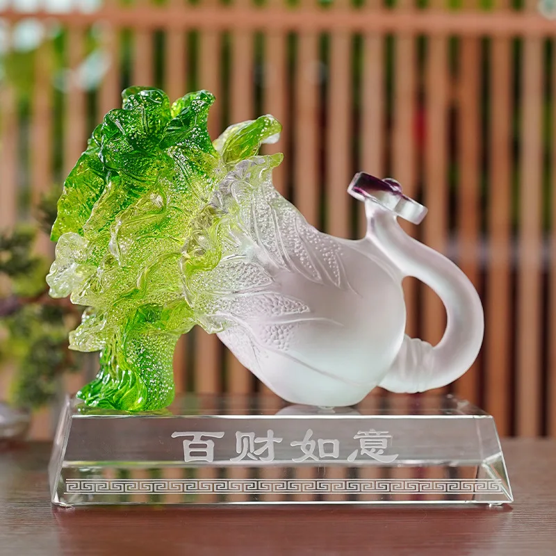 Glass Wealth and Prosperity Jade Cabbage Desktop Ornament Home Living Room Office Decoration Craft Housewarming Opening