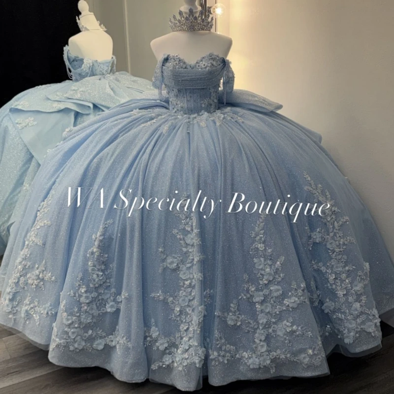 

Light Blue Shiny Ball Gown Quinceanera Dresses Flower Lace Beading Crystal Bow Tull Corset Off Shoulder Sweet 16 Dress vestidos
