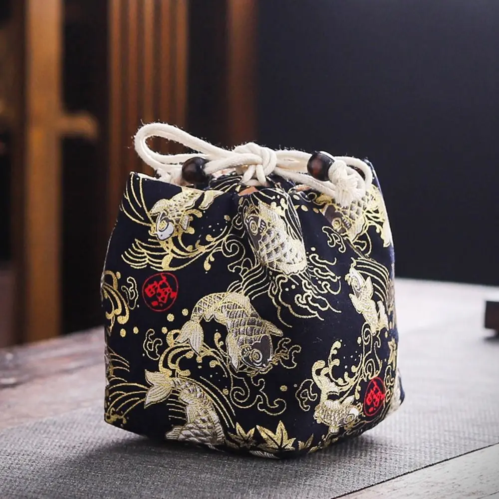 Canvas Flower Drawstring Bag Dragon Stripe Print Chinese Style Handbag Coin Purse Wallet Makeup Lipstick Bag