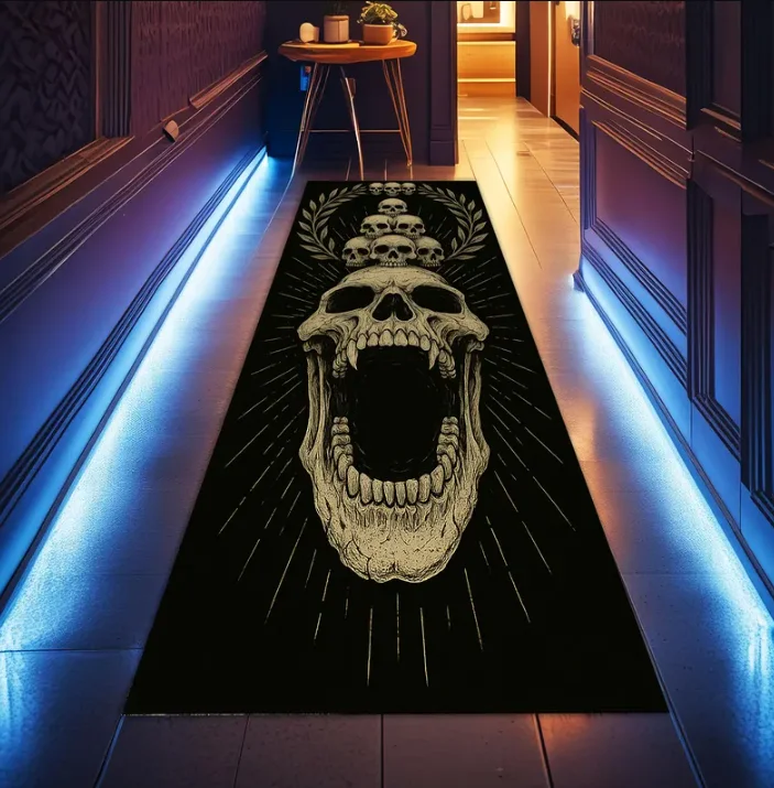 Gothic Skull Hallway Runner Rug Dark Non Slip Long Runner Carpet Washable Floor Mat for Hallway Entryway Halloween Decor Retro