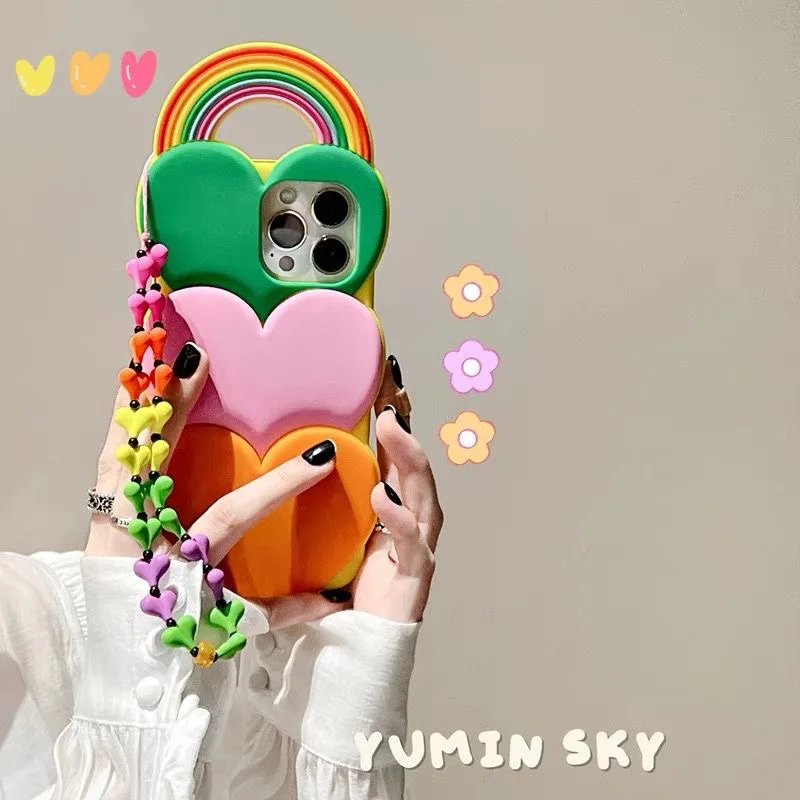 

INS Phone Case for Iphone 13 12 11 Pro Max 7 8 Plus X XS Max XR Japan Korea Colorful Heart Full Coverage Phone Cover with Chain