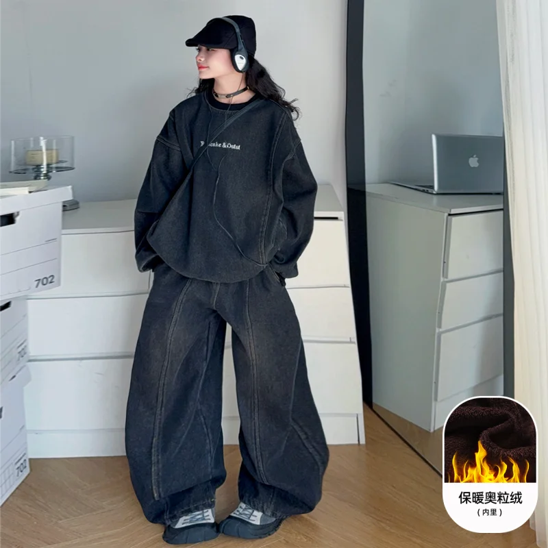 

Korean Winter Girls Sweatshirts +Pants Kids Suits 2PCS/Set Denim Spring Autumn Outfits Plus Size Teenagers Street-Wear Tracksuit