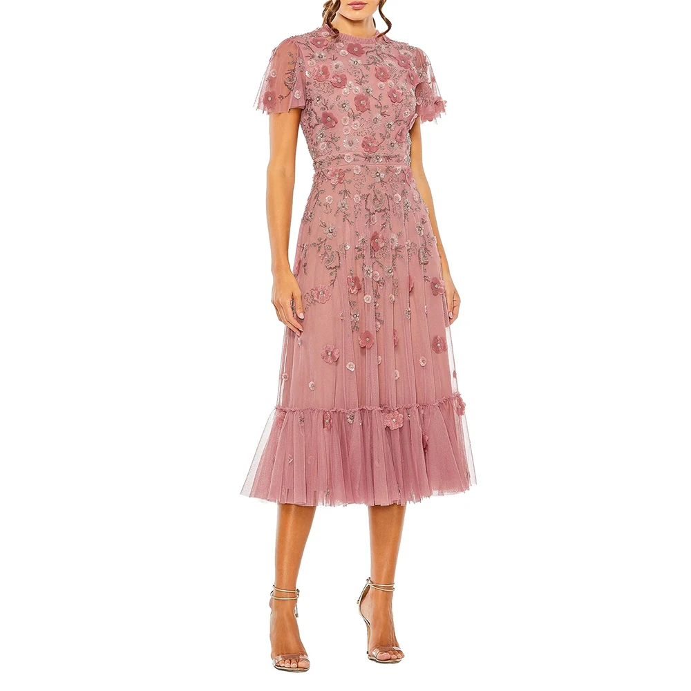 

Women's Formal Evening Gowns Evening Dresses Floral Applique Short Sleeve Tulle Elegant Formal Party Dresses Vestido De Gala