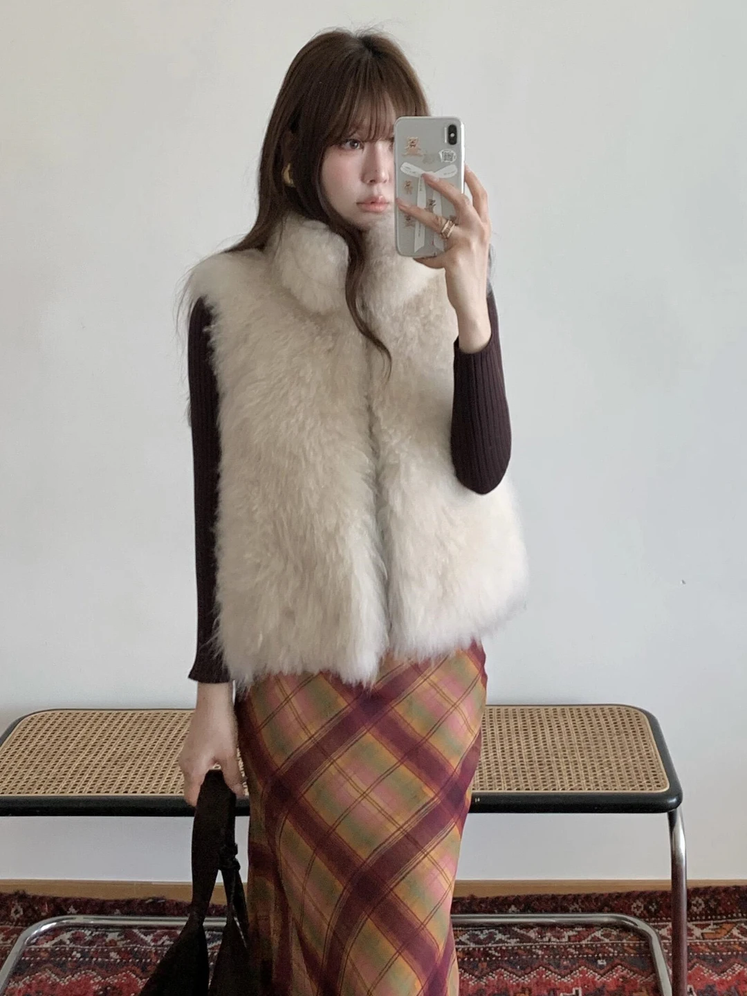 Zimowa kamizelka damska ze sztucznego futra, stójka, ekologiczna, puszysta odzież wierzchnia, ciepła, ocieplana, kolor karmazynowy.