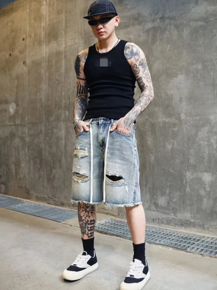 رجل الدنيم السراويل ممزق ثقوب الركبة طول مستقيم بنطلون الهيب هوب الجينز شارع العليا خمر رجل الصيف السراويل غير رسمية جديد