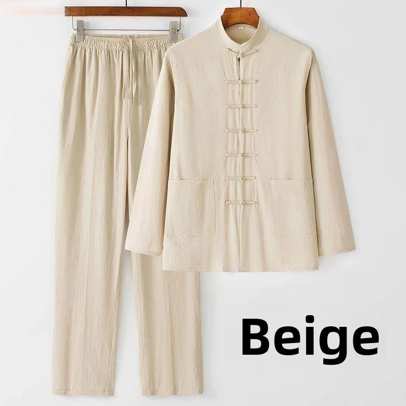 

Мужской хлопково-льняной комплект в новом китайском стиле: рубашка с воротником-стойкой на пуговицах, тонкий костюм для чайной церемонии, танцевальный костюм Тан, костюм для тай-чи, с длинным рукавом