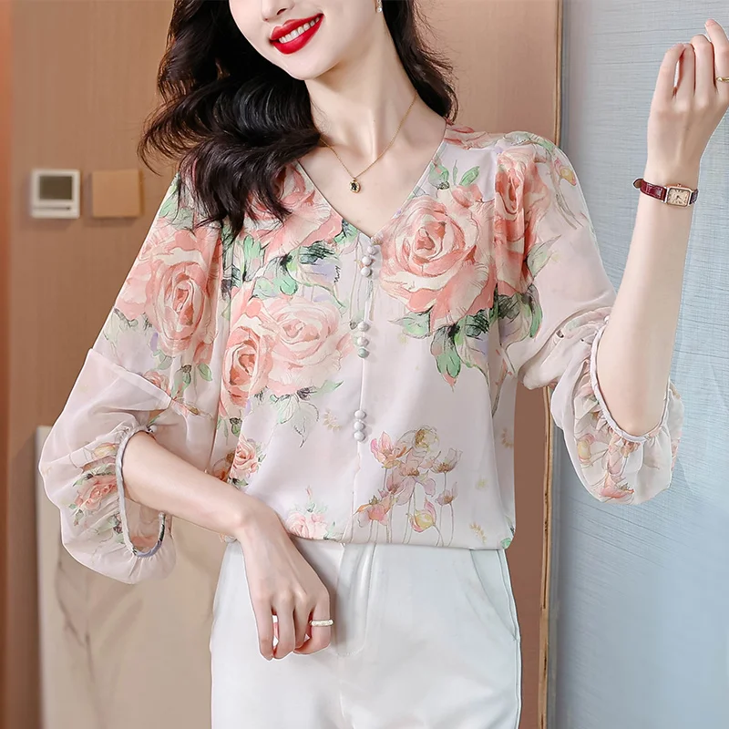 Sweet Floral Printed Shirt 2025 Summer New V-neck Chiffon Blouse Lantern Sleeve Casual Women Tops