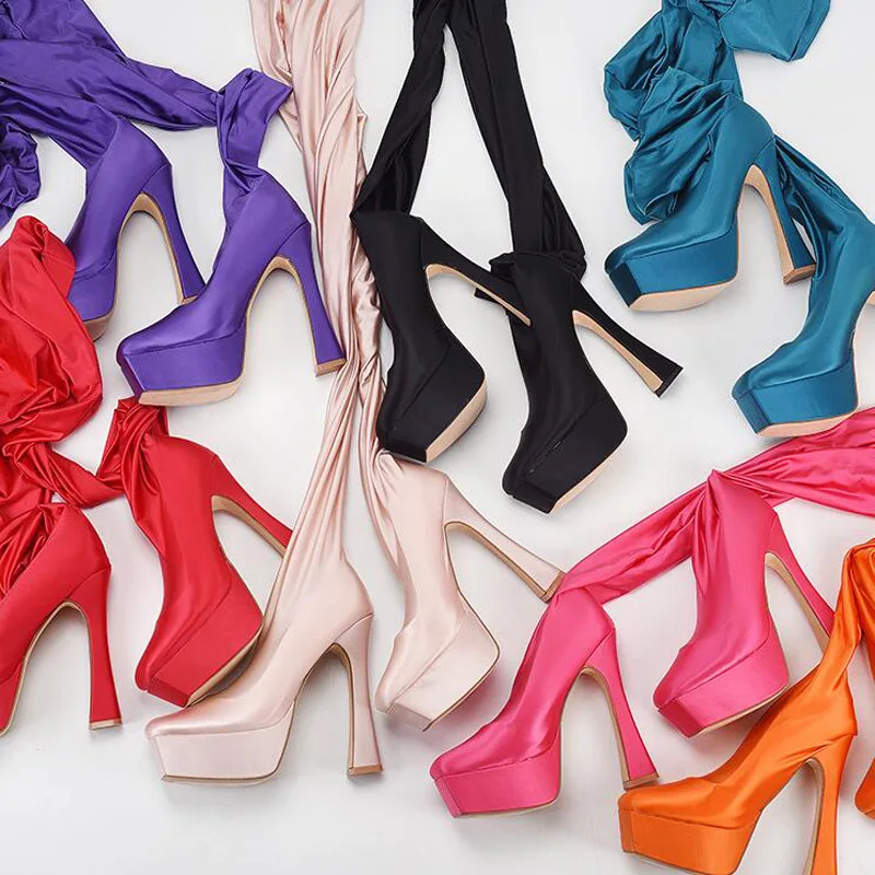 Large Size  Super High Heel Platform Sexy Women's Chunky Heel over-the-Knee Boots One-Piece Boots Elastic Pants Boots