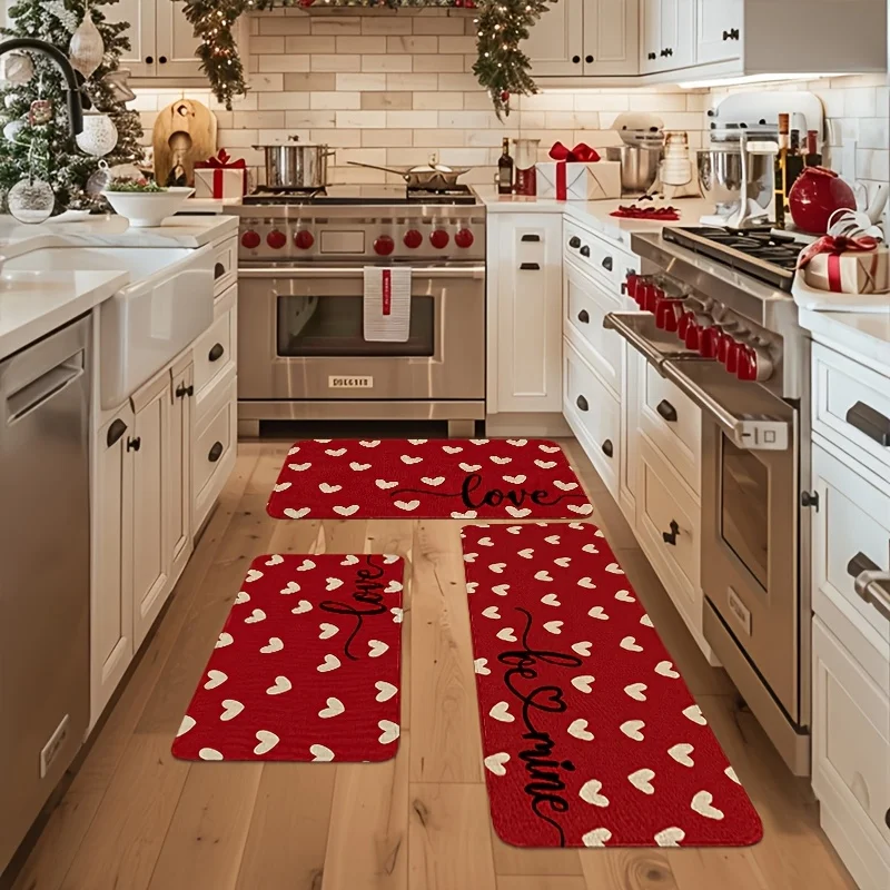 VIKAMA Festive Red Heart-Patterned Rug Soft Flannel Rug Kitchen & Hallway Doormat Home Decor Carpet For Live Room Kitchen Rugs