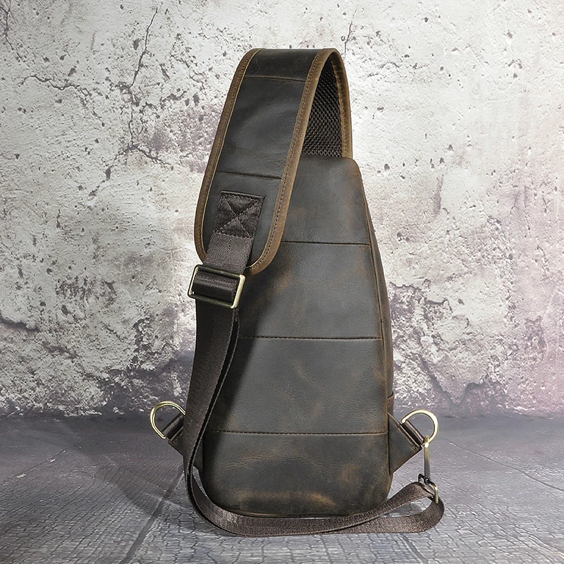 Crazy Horse Leather Men Vintage Travel Triangle Chest Sling Bag Design 8