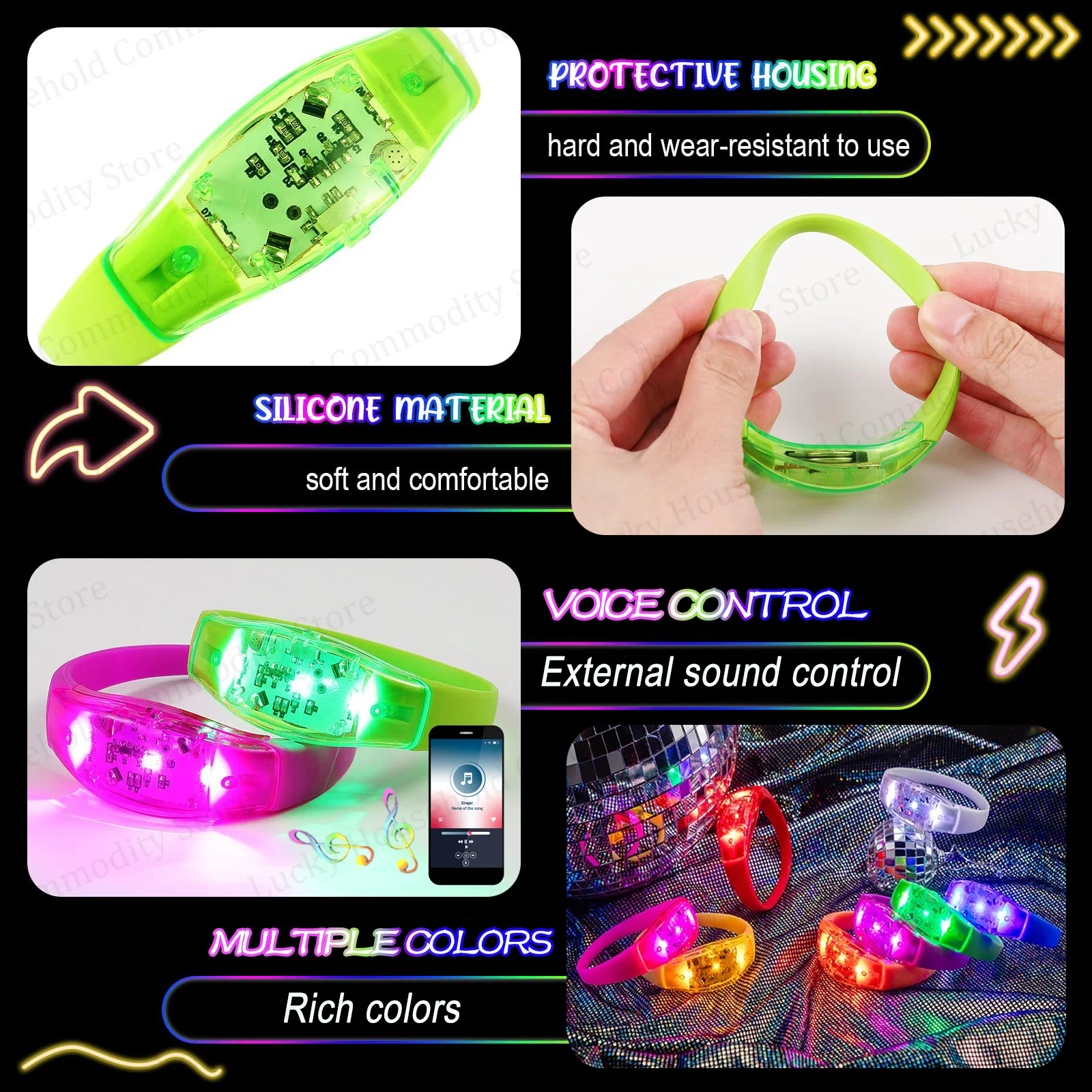 20-300PCS Music&Sound Activated Light UP Bracelets Voice Control Glow in the Dark Bracelets Rhythmic Bracelets Concert Party