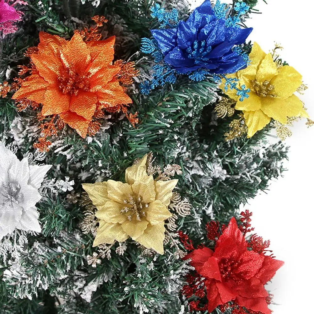 15cm Christmas Glitter Flower Large Sequins Artificial Poinsettia Flower DIY Wreath Realistic Christmas Tree Ornaments