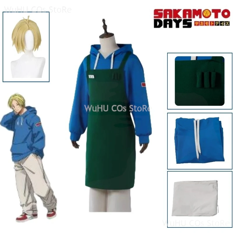 Anime Sakamoto Days Shin Asakura Cosplay Trousers Blonde Wig Anime Cosplay Costume Wig Blue Sweatshirts Uniform Outfit Halloween