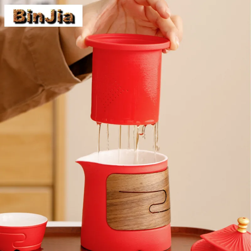 طقم شاي للسفر الثقافي والإبداعي للمدينة المحرمة مصنوع يدويًا 1 وعاء 4 أكواب منظم لصنع الشاي حقيبة حمل خارجية محمولة