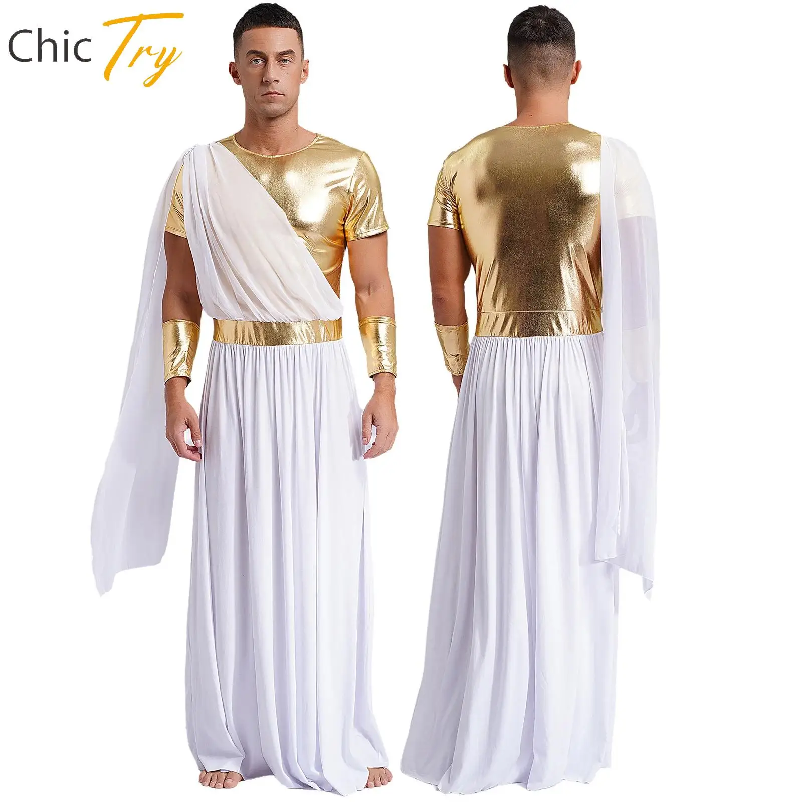 

Mens Halloween Ancient Greek Toga with Gloves Short Sleeve Metallic Robe Set Carnival Performance Cosplay Roman Fashion Costumes