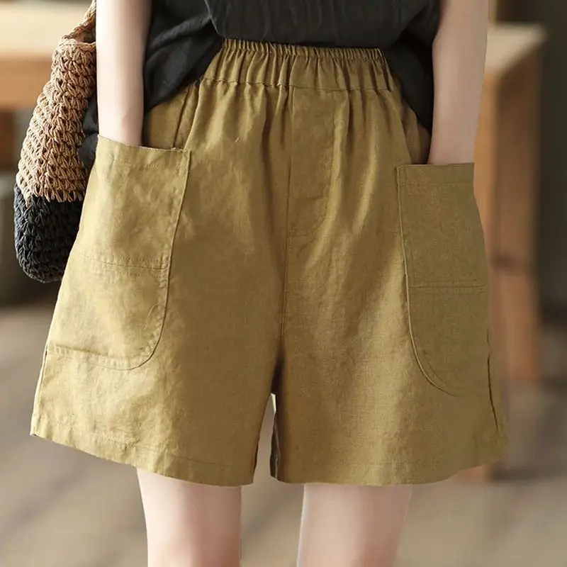 

Women's Linen Elastic Waist Shorts Casual Loose Fit Wide Leg Summer Pants