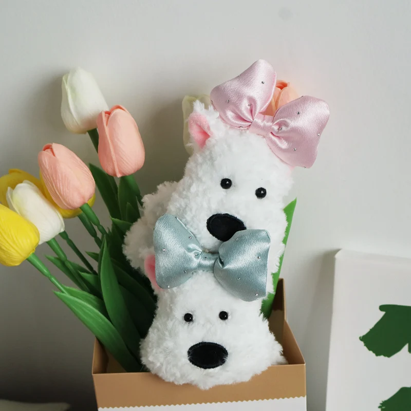 West Highland-perrito pequeño, juguetes de peluche, bonito bolso con lazo, colgante, llavero decorativo, regalos de cumpleaños para niños