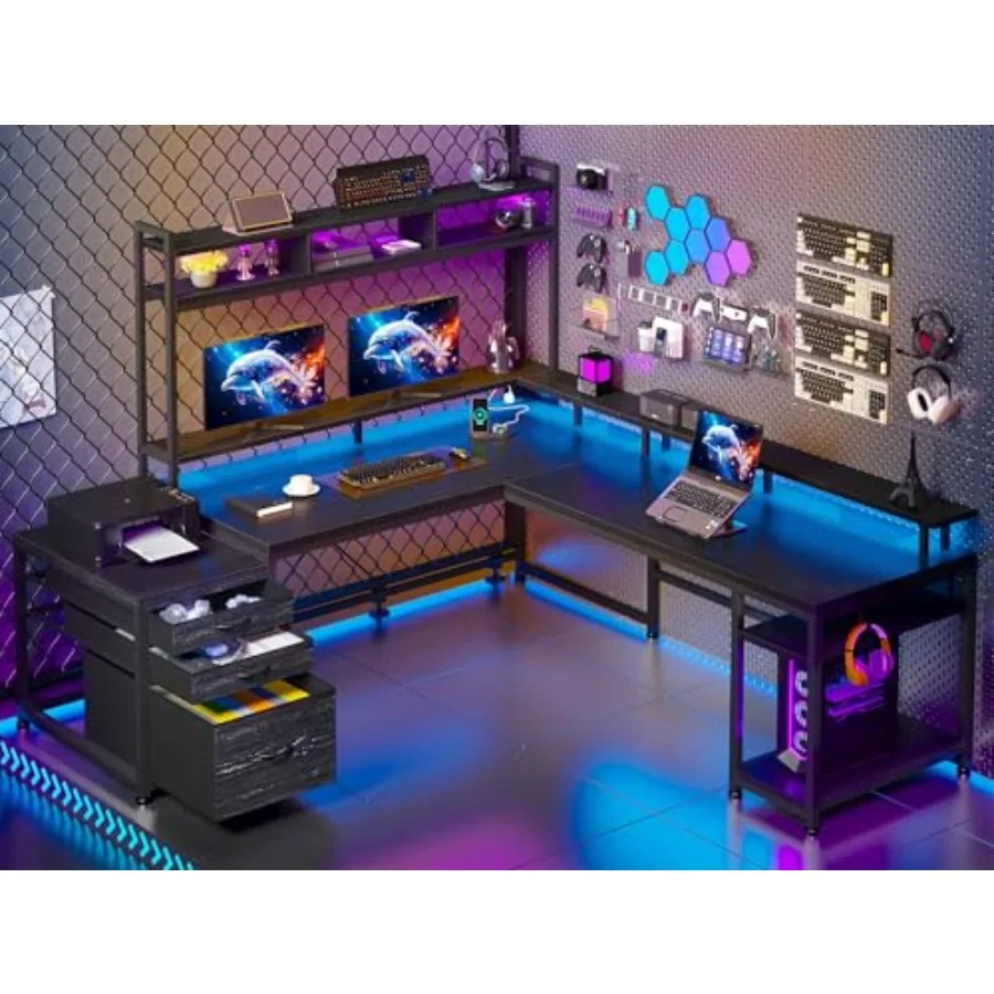 

64 x 60 Inches L Shaped Desk with Hutch and Drawers for Gaming and Office Black Computer Desk with Power Outlet LED Lights Moni