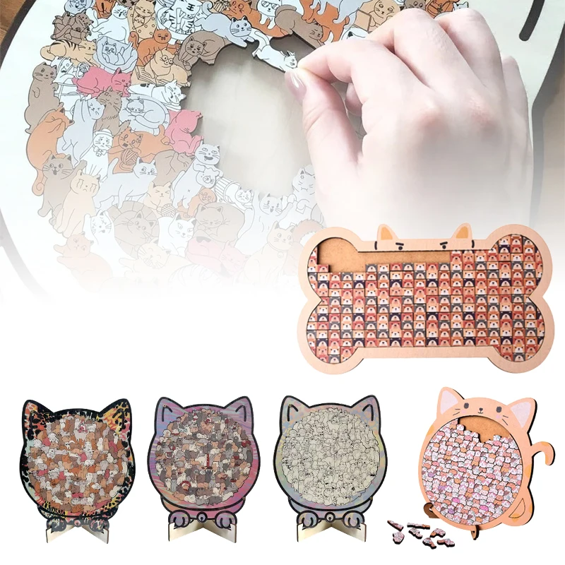 Colorful Cat-Shaped Wooden Puzzle Bone-Shaped Jigsaw Puzzles Irregular Animal Pieces Unique Gift Stress Relief Home Decor
