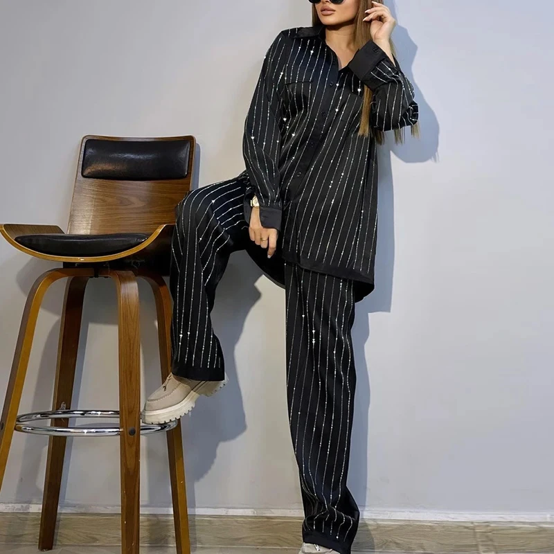 

Striped Printed Satin Silk Pajamas for Women 2-piece Set Fashion Lapel Shirt Pants Lounge Set Ladies Sleepwear Loose Streeetwear