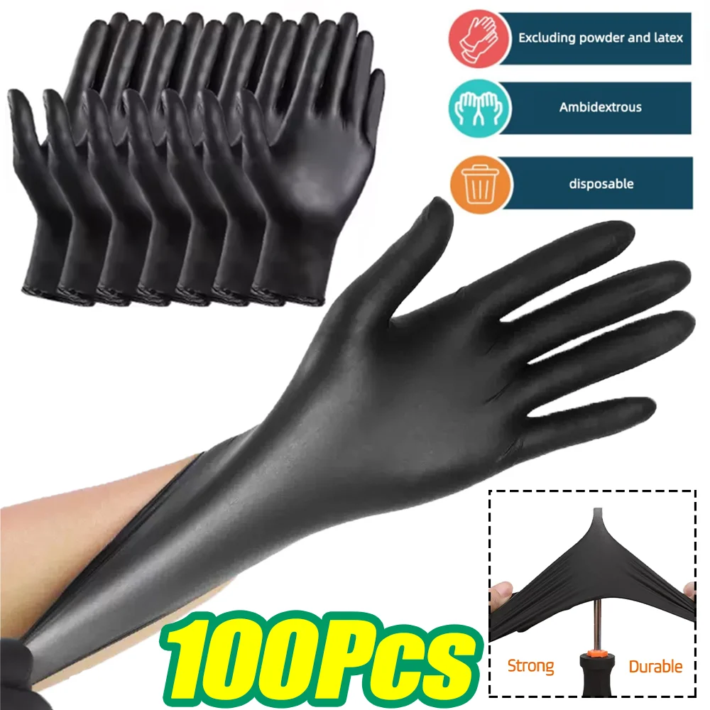 

100/10Pcs Black Nitrile Gloves Thickened Disposable Cleaning Gloves Household Kitchen Cooking Tools Car Wash Clean Work Gloves