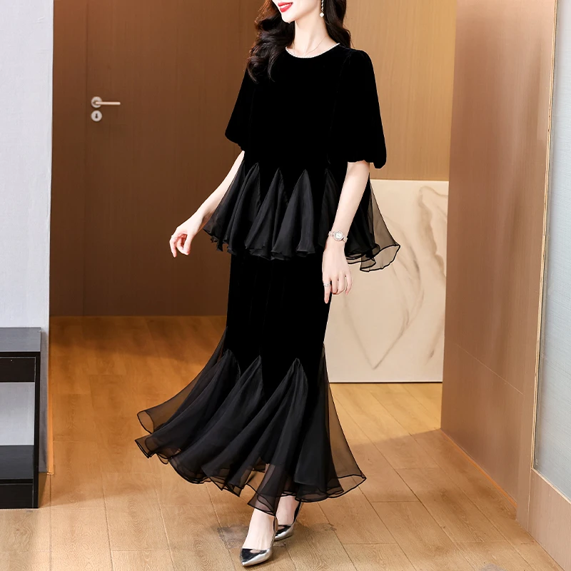 Autumn Black Velvet Long Sleeve Top Coat+Hlaf Length Skirt Two Piece Sets 2024 Female Chic Patchwork Beading Ruffled Dress Suits