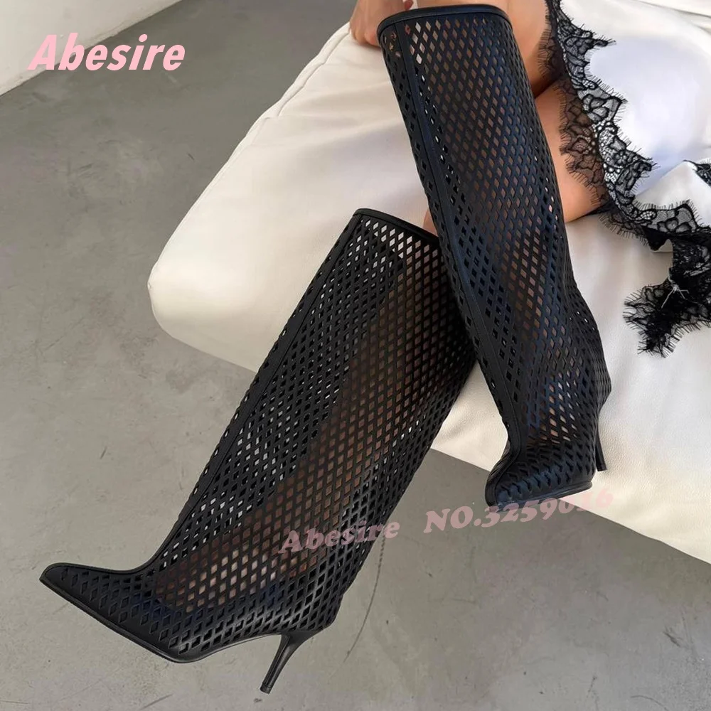 Black Hollow Out Knee High Boots Pointy Toe Mesh Stiletto Boots Thin Heels Patchwork Runway Party Shoes 2026 New Solid Elegant