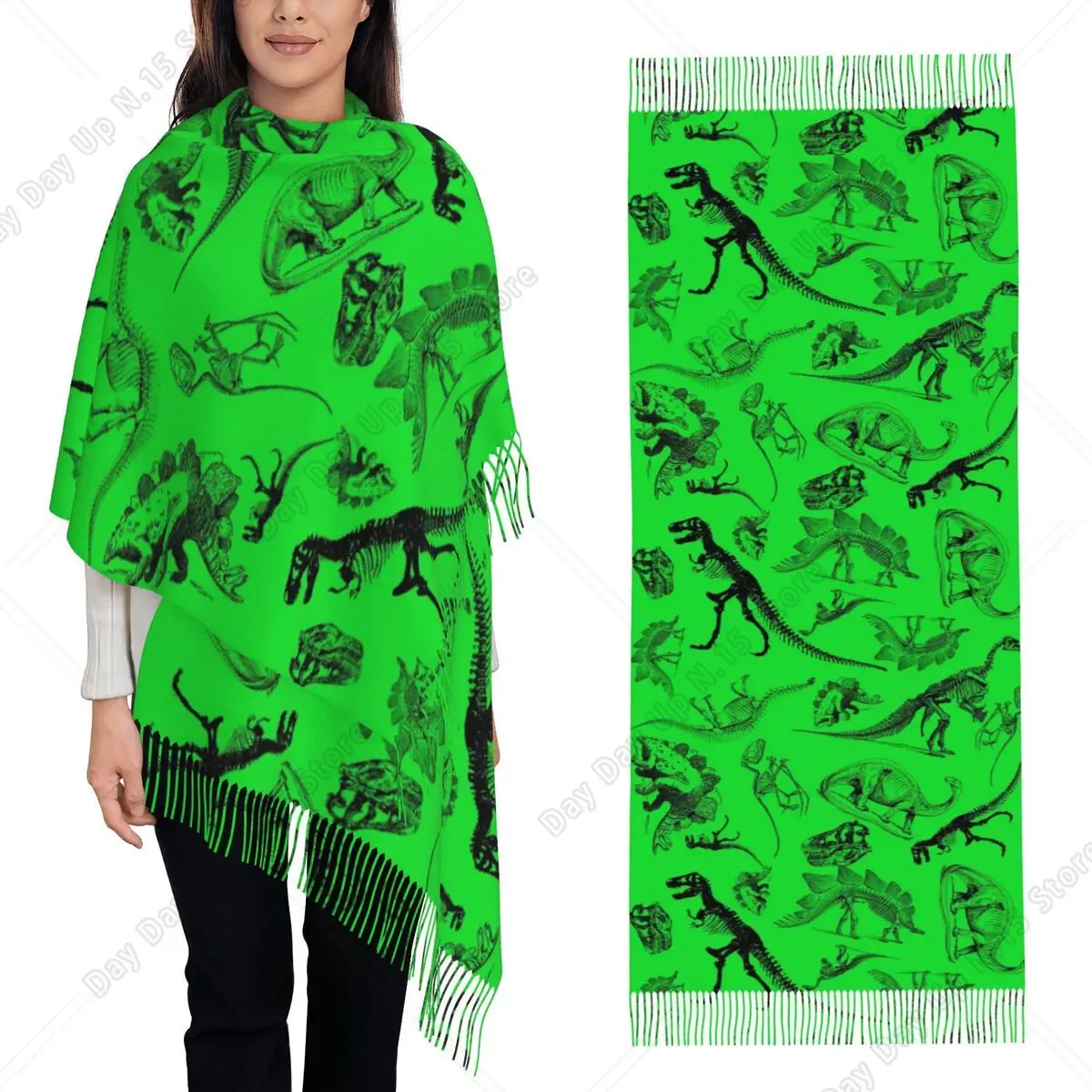 Museum Dinosaurs And Skeletons On Bright Green Scarf Tassel Scarves for Women Warm Shawls and Wraps Long Fall Winter Shawl Wrap