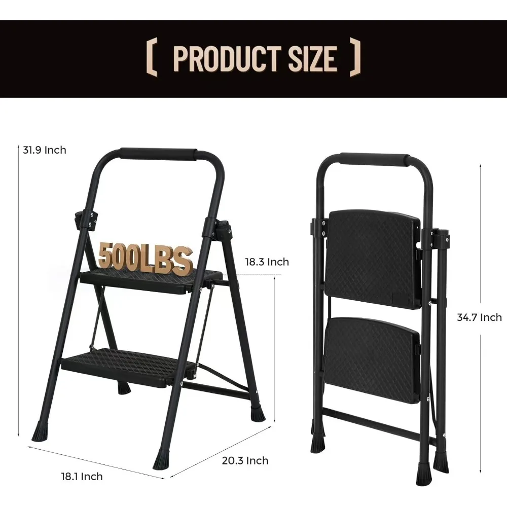 2-Step Folding Step Stool for Adults, 500lbs Capacity, Portable Steel with Anti-Slip Pedals for Kitchen & Household