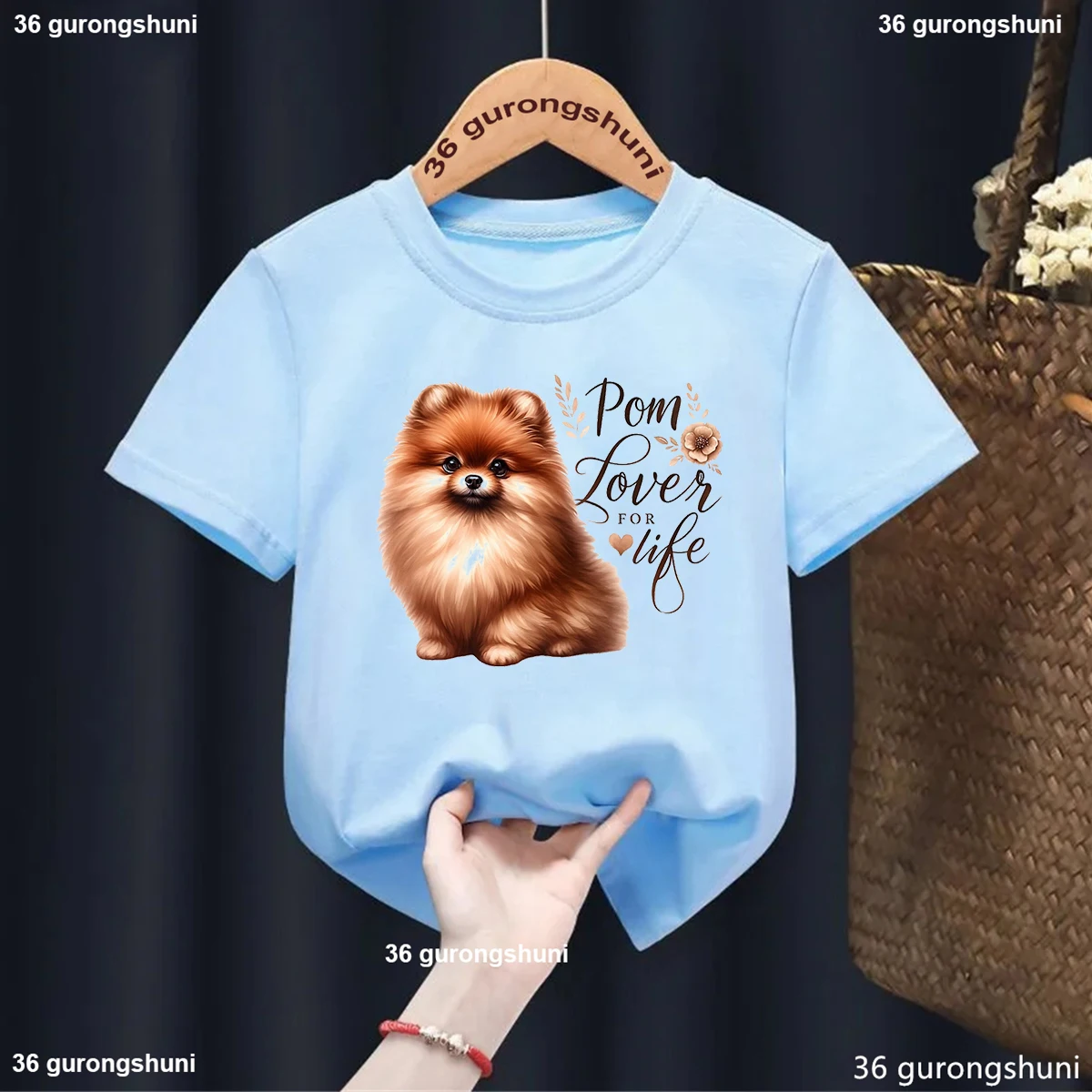 Cute Cappuccino Pomeranian Dog Print Girls T-Shirt Fashiona Kawaii Girls Blue Clothes Summer O-Neck Short Sleeved Shirt Tops