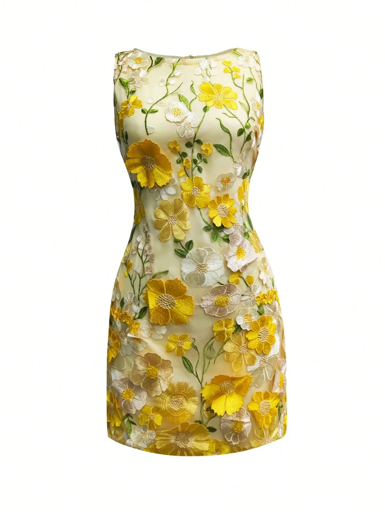 

Women Sleeveless Round Neck Floral Embroidered Bodycon Mini Dress