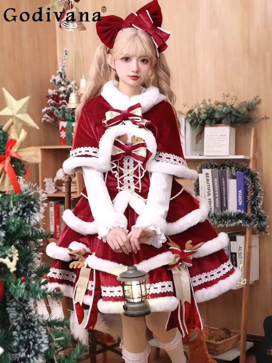 

Новогодняя Рождественская симфоническая Лолита, милая милая утягивающая юбка с высокой талией и бантом на ленте, красная накидка Sk