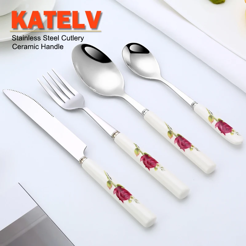 Ceramic Tableware Stainless Steel Cutlery Ceramic Handle Steak Knife Fork Spoon Cake Dessert Dinnerware Rose Flowers Pattern