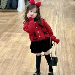 Girls Sweater 2023 Autumn Winter New Red Baby Winter Thickened Sweater Children New Year Knitwear Bow Sweater Cardigan