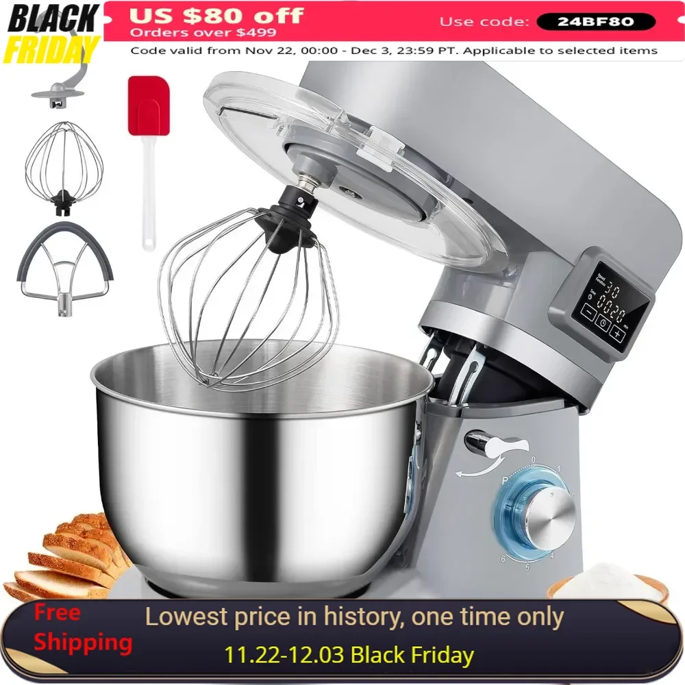 

660W Electric Dough Mixer, 6 Speeds LCD Screen Timing, 5.8 Qt Stainless Steel Bowl, Dough Hook & Splash-Proof Cover, Stand Mixer