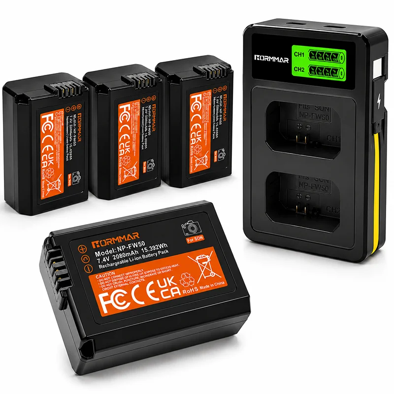 NP-FW50 Battery 2080mAh for Sony A6000 A6100 A6300 A6400 A6500 A6600 A7 A7II A7R A7RII A7S with Dual LCD Charger