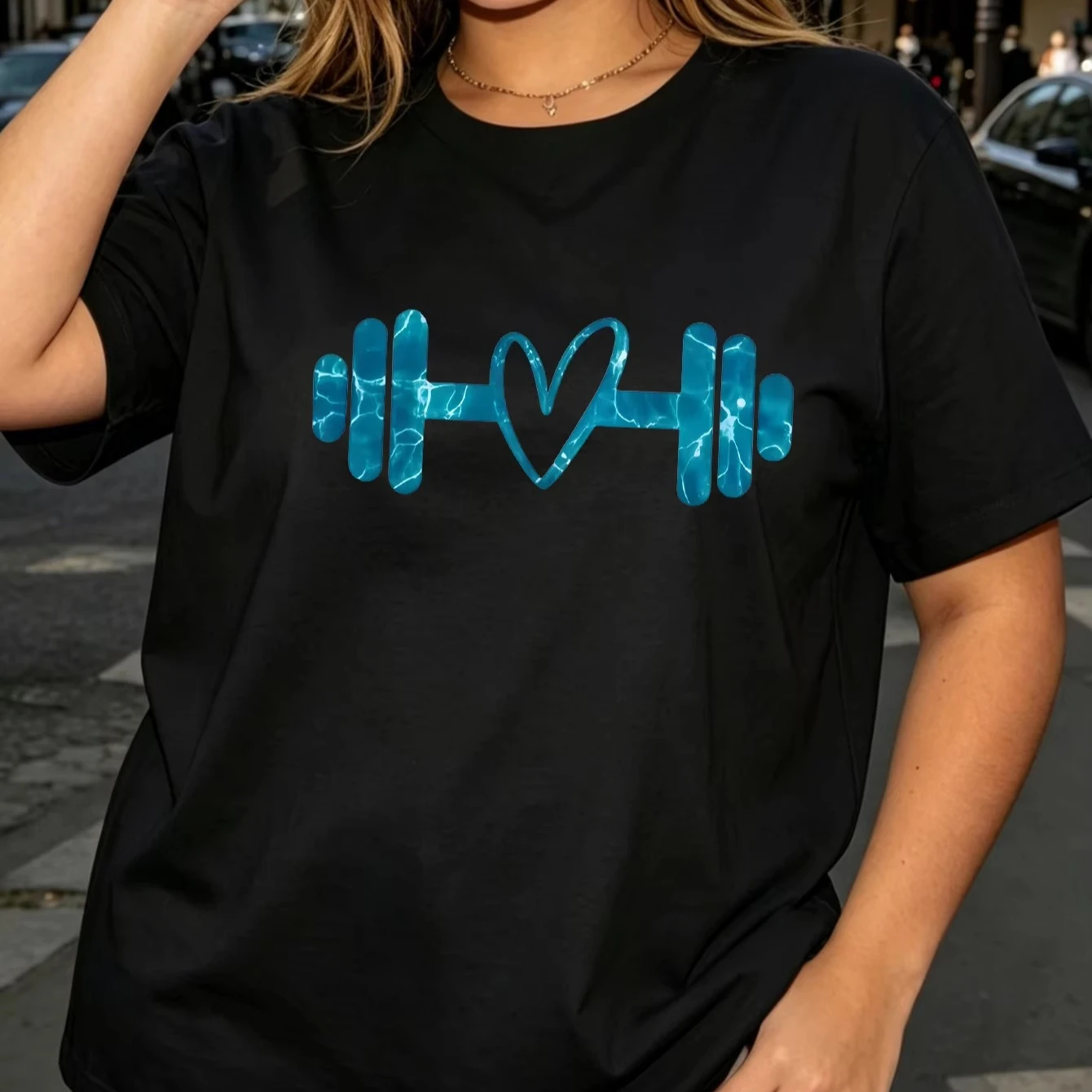 Women Crew Neck Heart Dumbbell Water Graphic Print Tops Short Sleeve Loose Ladies Summer Soft Funny Plus Size Casual Street Top