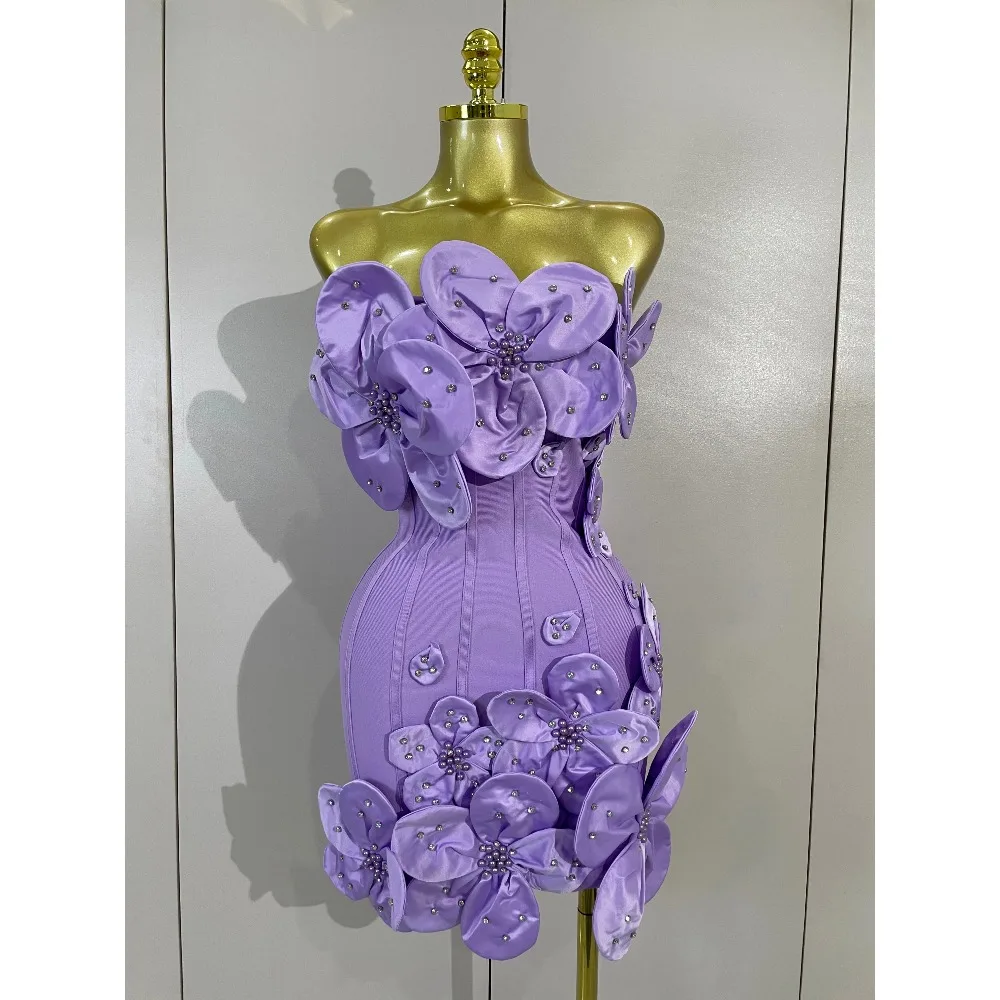 Luxury Women 3D Beaded Flower Strapless Short Bodycon Dress Party Prom Gown Dresses Costume