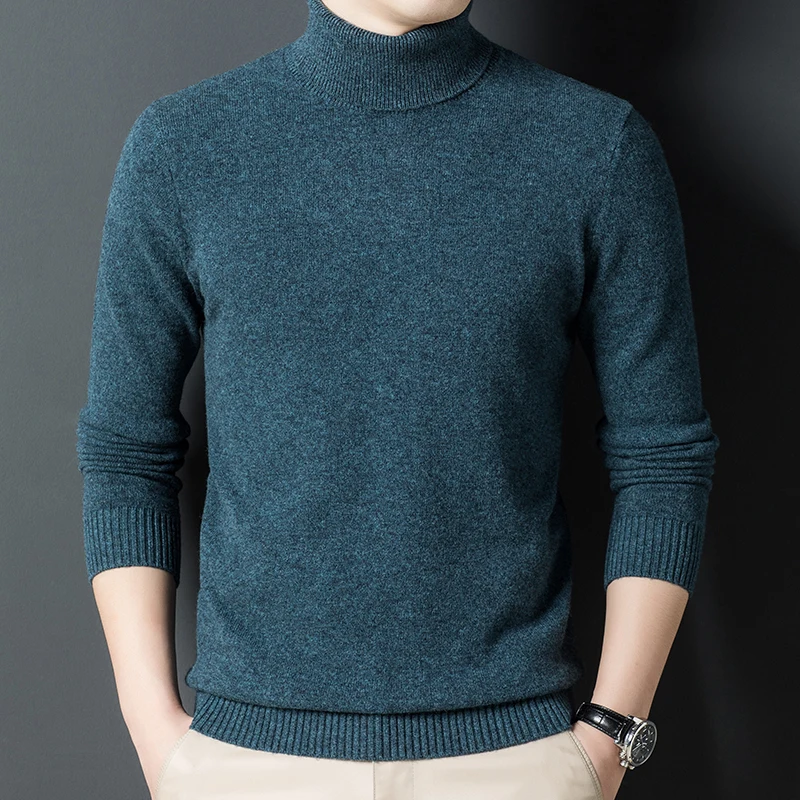 Pure wool autumn and winter new men's high collar thick solid color sweater men's casual white tower base wool sweater